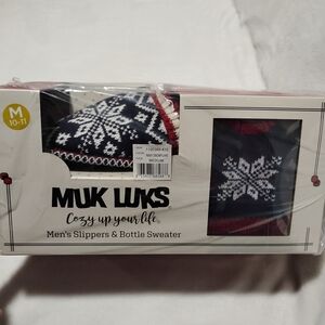Muk Luks Navy and Red Snowflake Slippers & Bottle Sweater Set